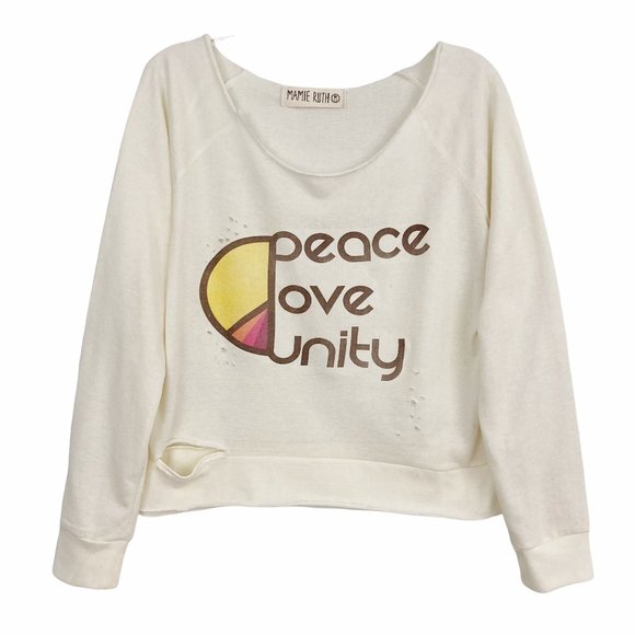 NWT Mamie Ruth Graphic Sweatshirt Size M Peace Love Unity Cream Distressed - Picture 1 of 6